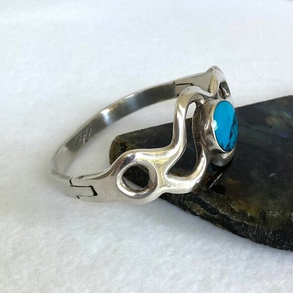 Taxco Sterling Silver Mexico Sandcast Turquoise Modernist Hinged Bangle Bracelet - Picture 4 of 16